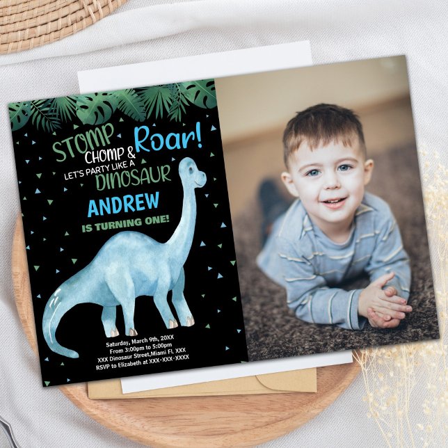 Convite Foto Azul Dinossauro Preto Verde Aniversário (Photo Blue Green Black Dinosaur Birthday Invitation)