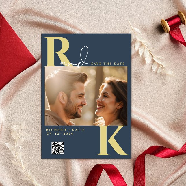 Convite Foto Azul do Marinho Brilhante do Monograma Modern (Criador carregado)