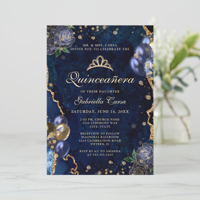 Convite Foto Azul Dourado Floral Ágata Quinceanera  (Em pé/Frente)
