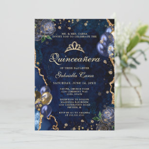 Convite Foto Azul Dourado Floral Ágata Quinceanera 