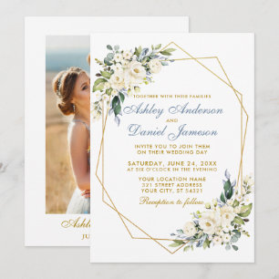 Convite Foto Azul Dusty De Quadro Floral De Casamento De W