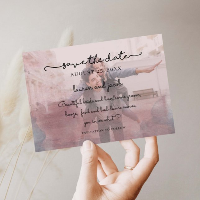 Convite Foto azul e cor-de-água rosa salvar data (Criador carregado)