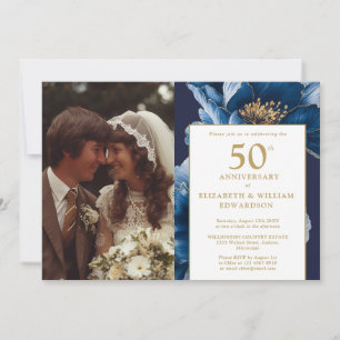 Convite Foto Azul Floral Elegante de 50º Aniversário