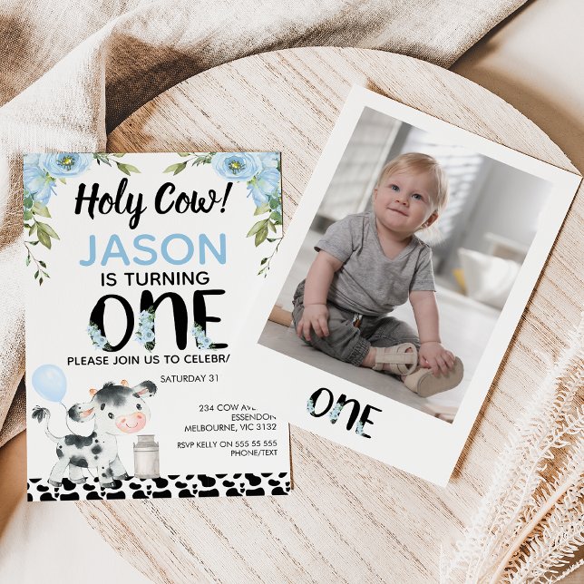 Convite Foto Azul Floral Santa Impressão primeiro aniversa (Boys Holy Cow 1st Birthday Invitation Template With Photo, Holy Cow Themed First Birthday Invitation)