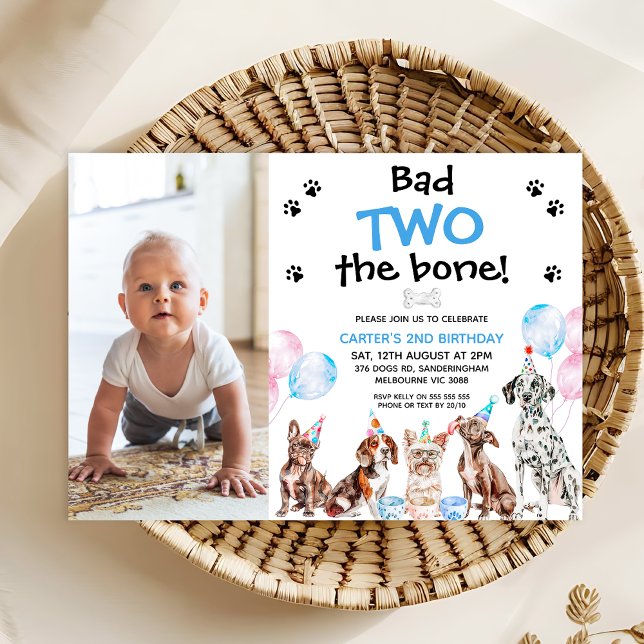 Convite Foto Azul Mau Dois O segundo aniversário Dos Cães  (Bad To The Bone Birthday Invitation For Boy, Dog Themed Birthday Invitation Template with Photo, )