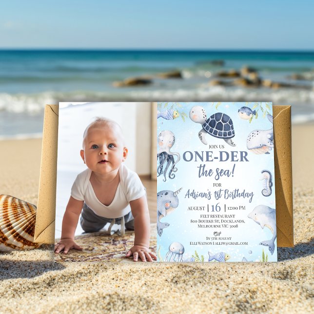 Convite Foto Azul Tartaruga do Mar Um Dó O primeiro aniver (Editable Sea Turtle Oneder The sea 1st Birthday Invitation Boy, Ocean Themed First Birthday Invite)