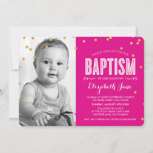 Convite FOTO BAPTISM dourado, glitz, confetti rosa quente