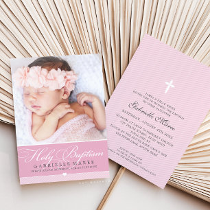 Convite FOTO BAPTISM elegante caligrafia rosa-doce