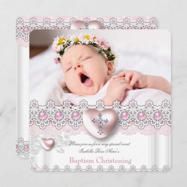 Convite Foto Baptism Pink Silver Heart Cross Girl Pearl (Frente/Verso)