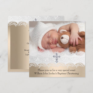 Convite Foto Baptism White Beige Cross Baby Girl Boy