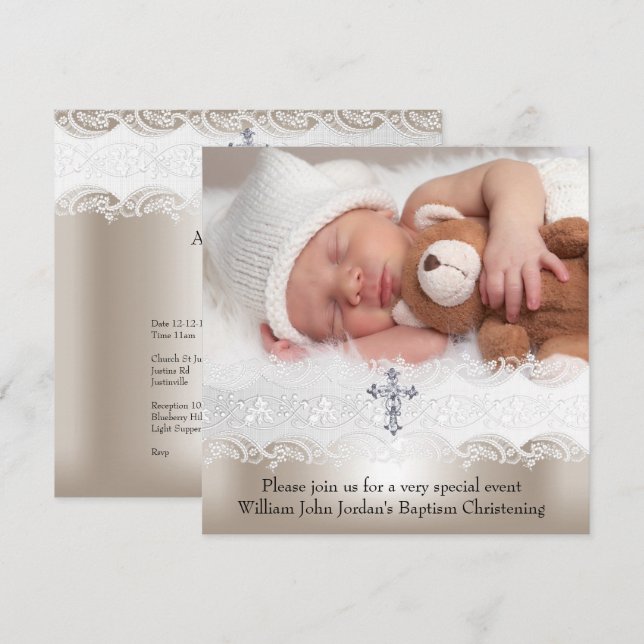 Convite Foto Baptism White Beige Cross Baby Girl Boy (Frente/Verso)