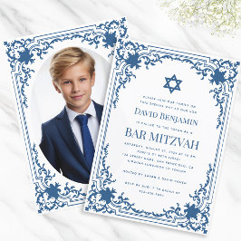 Convite Foto Bar Mitzvah Azul Branco Vintage Estrela de Da