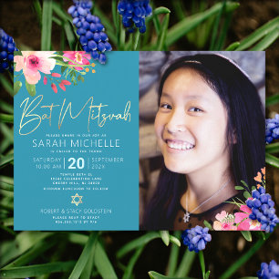 Convite Foto Bat Mitzvah Azul Floral Aquarela Rascunho