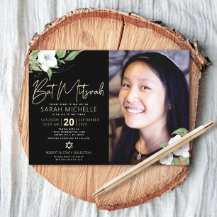 Convite Foto Bat Mitzvah Preto Dourado Floral Aquarela