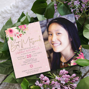 Convite Foto Bat Mitzvah Rosa Floral Aquarela Rascunho