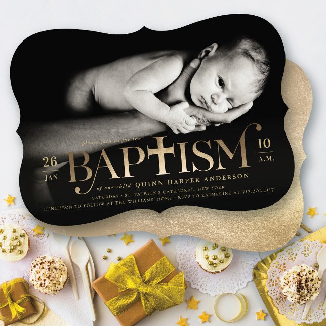 Convite Foto Batismo Clássico Clássico de Folha Ouro (Faux Gold Foil Modern Classic Bold Cross Stylish Baptism Photo Invitation @ fat_fa_tin)