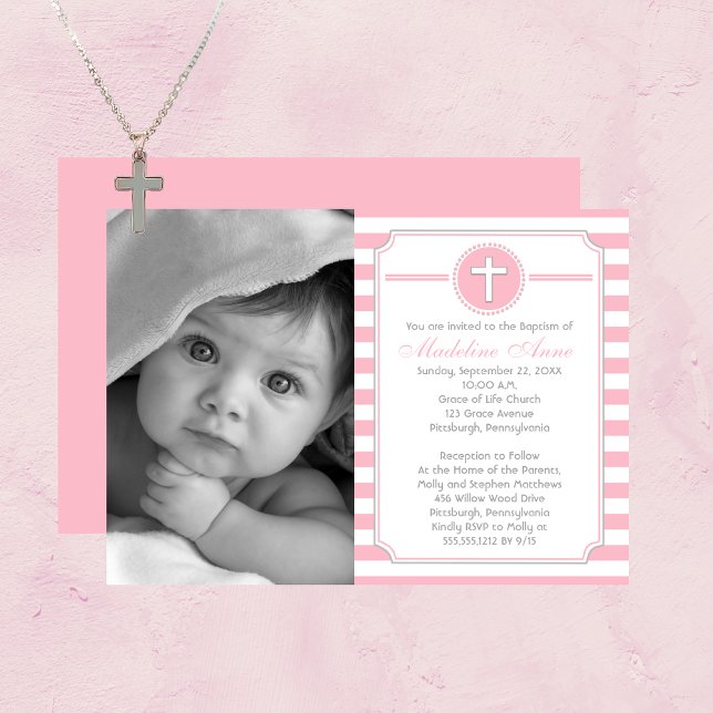 Convite Foto Batismo De Rapariga Rosa Cruzada (Cross Pink and White Stripes Girl Photo Baptism Invitation)