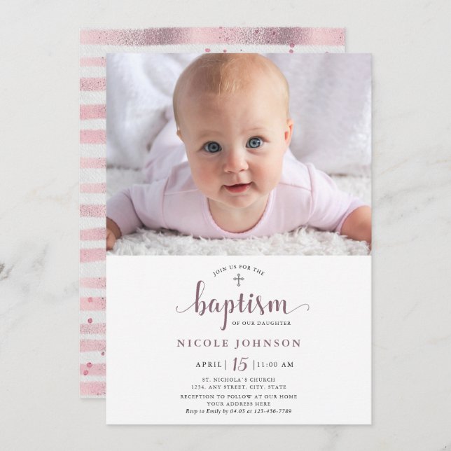 Convite Foto Batismo, Elegante Menina Convocação (Frente/Verso)