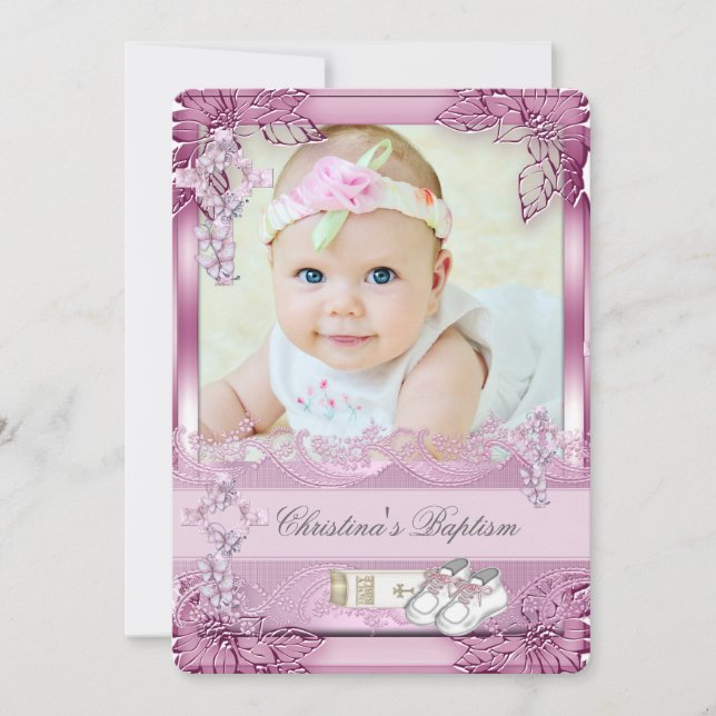 Convite Foto batismo rosa entre garotas Foto batizando Flo (Frente)