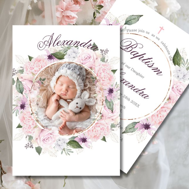Convite Foto Batismo Rosas Rosa Rosa Meninas Florais (Criador carregado)