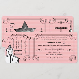 Convite Foto Bilhete Capela Romântica Rosa Casamento