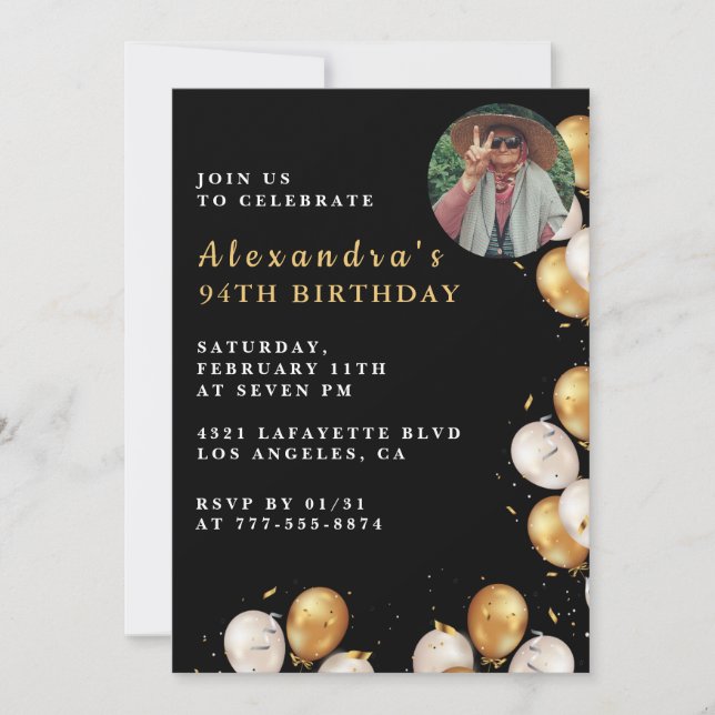 Convite Foto Black Dourado Balloon 94 anos (Frente)