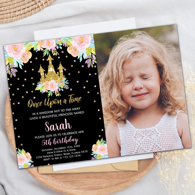 Convite Foto: Black Floral Glitter Princess Birthday (Photo Black Floral Glitter Princess Birthday Invitation)