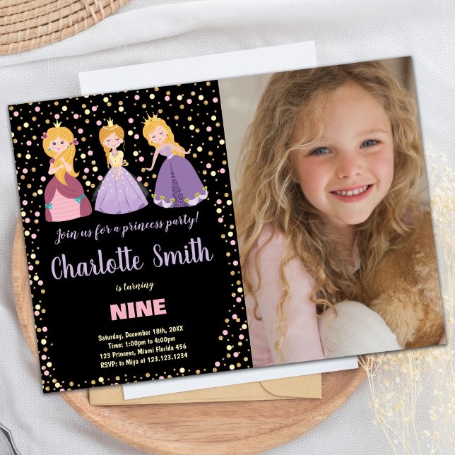 Convite Foto: Black Floral Princess Birthday (Photo Black Floral Princess Birthday Invitations)