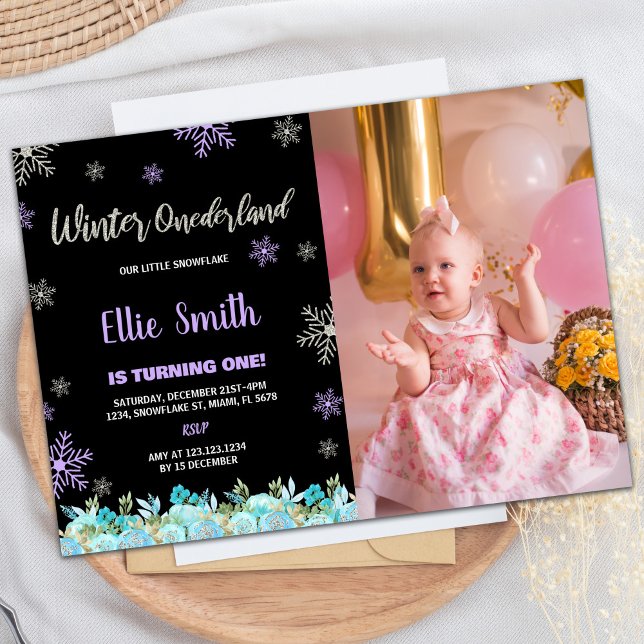 Convite Foto Black Green Floral Winter ONEderland (Photo Black Green Floral Winter ONEderland Invitation)