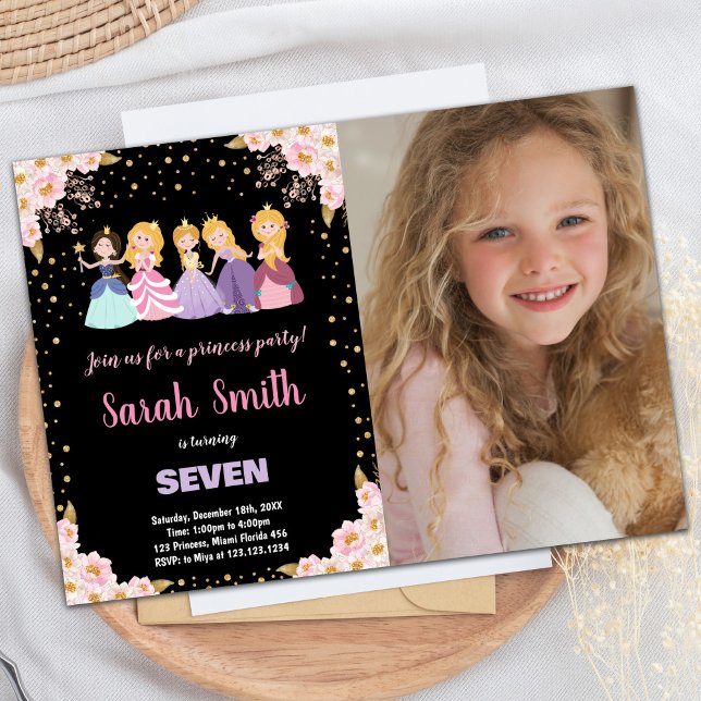 Convite Foto: Black Pink Floral Glitter Princess (Photo Black Pink Floral Glitter Princess Invitation)