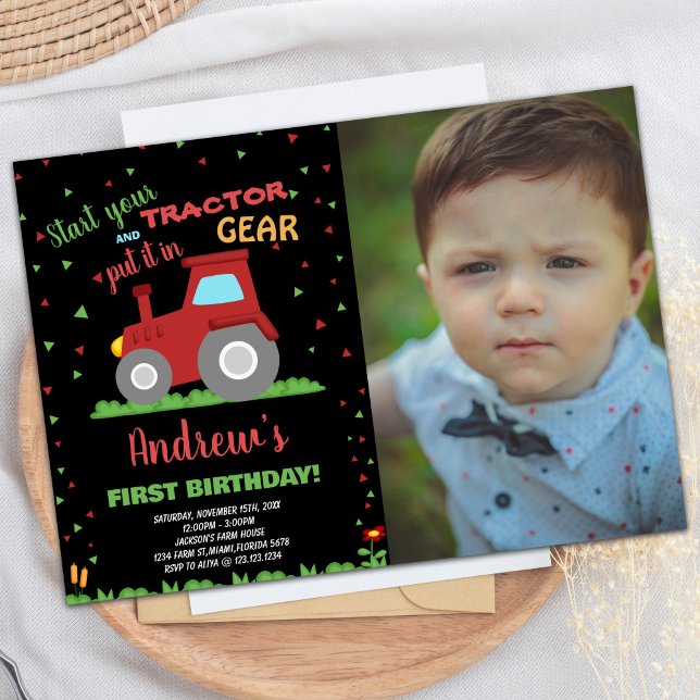 Convite Foto BLACK RED Green Grass Trator Aniversário (Photo BLACK RED Green Grass Tractor Birthday Invitation)