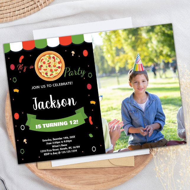 Convite Foto: Black Red Pizza Birthday (Photo Black Red Pizza Birthday Invitations)