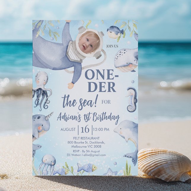 Convite Foto Blue Scuba Diver na beira do primeiro anivers (Oneder The Sea Birthday Invitation Template Instant Download, Oneder the Sea 1st Birthday Invitation)