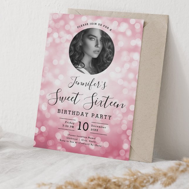 Convite FOTO Blush Pink Bokeh Lights Sweet 16 Party (PHOTO Blush Pink Bokeh Lights Sweet 16 Party Invitation)