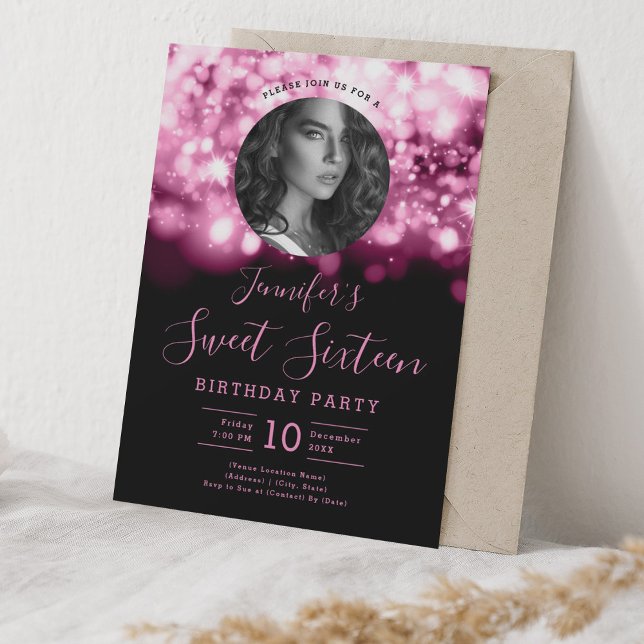 Convite FOTO Blush Pink Hollywood Lights Sweet 16 Party (PHOTO Blush Pink Hollywood Lights Sweet 16 Party Invitation)