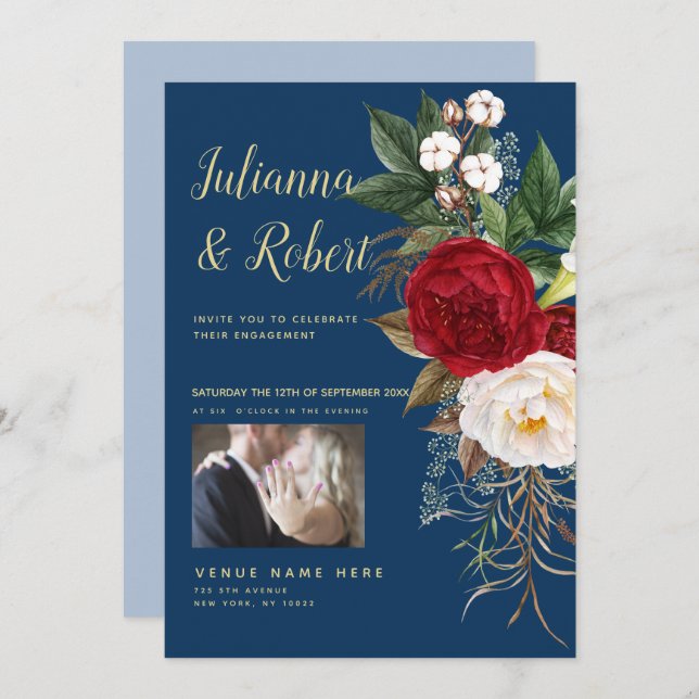 Convite Foto Boho Azul Marinho e Floral Burgundy (Frente/Verso)