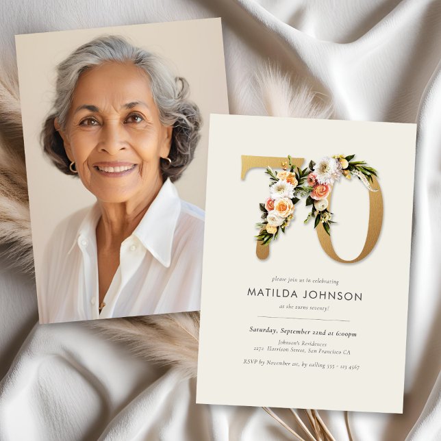 Convite Foto Boho Floral 70 Birthday (Photo Boho Floral 70th Birthday Invitation)