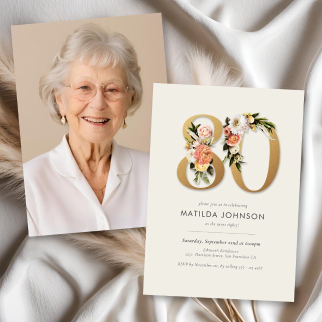 Convite Foto Boho Floral 80 Birthday (Photo Boho Floral 80th Birthday Invitation)