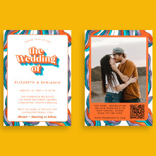 Convite Foto Boho Groovy Retro Blue QR Code Wavy Weding