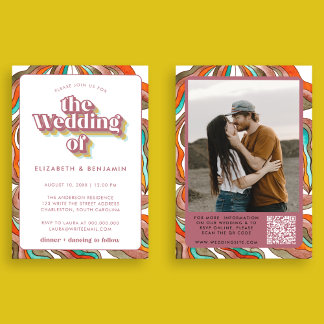 Convite Foto Boho Groovy Retro QR Código Pink Wavy Casamen