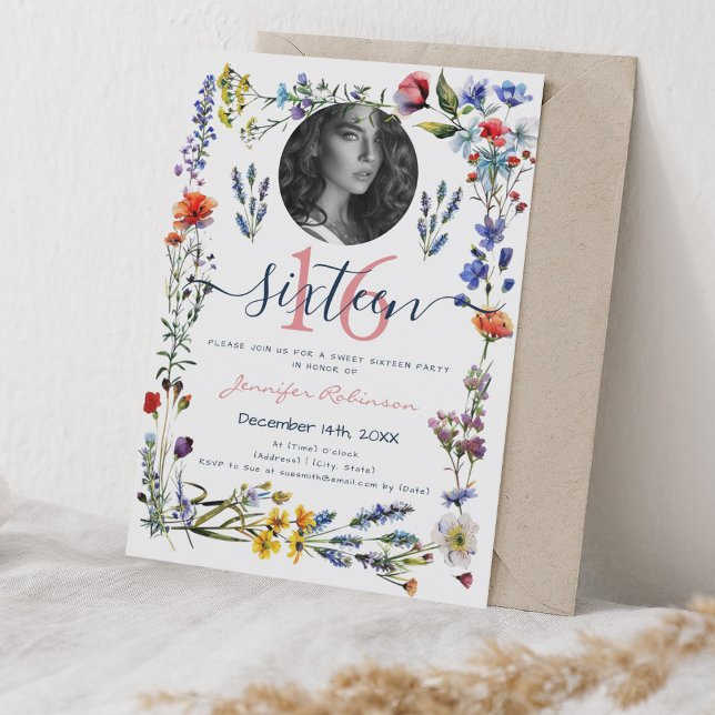 Convite FOTO Boho Prensado Flores Selvagens Doce 16 Aniver (PHOTO Boho Pressed Wildflowers Sweet 16 Birthday Invitation)