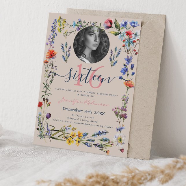 Convite FOTO Boho Prensado Flores Selvagens Doce 16 Champa (PHOTO Boho Pressed Wildflowers Sweet 16 Champagne Invitation)