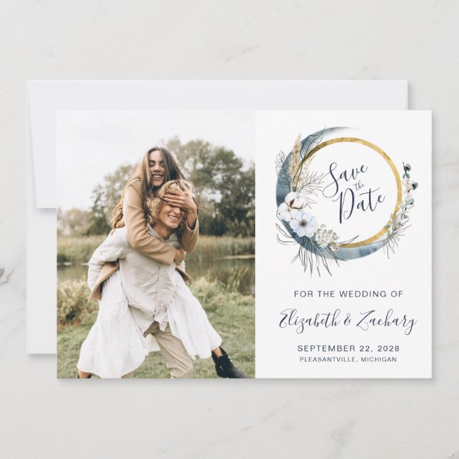 Convite Foto Boho Quadro Floral Lua Azul Save the Date (Frente)