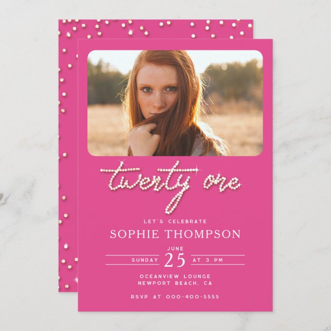 Convite Foto bonito do aniversário de 21 anos Elegante Rhi (Frente/Verso)