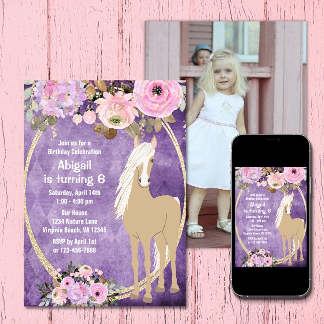 Convite Foto bonito, rosa e flor púrpura, dia de aniversár (Pretty Pink and Purple Flower Photo Horse Birthday Invitation)