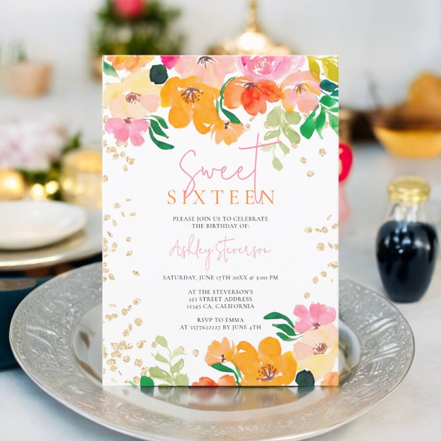 Convite Foto botânica Dourada brilhante Sweet 16 (Gold glitter floral photo botanical Sweet 16 Invitation)