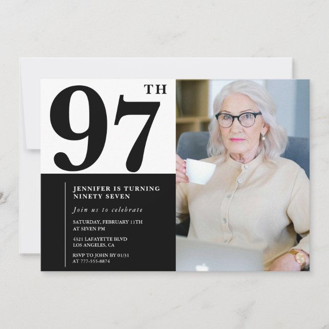 Convite Foto branca Chic Black 97th Birthday (Frente)