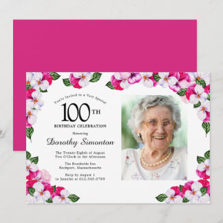 Convite Foto branca cor-de-rosa magenta bonito 100º aniver