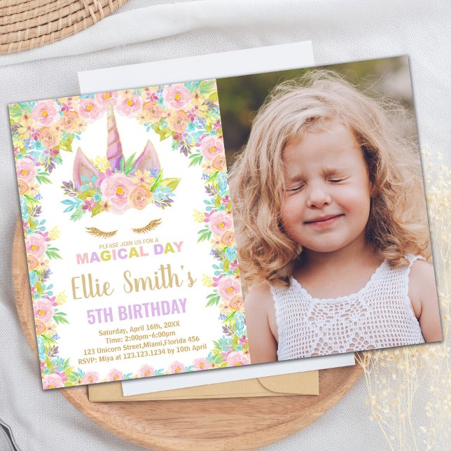 Convite Foto Branca de Cores Florais (Floral Colors White Photo Unicorn Birthday Invitation)