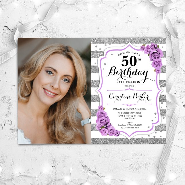 Convite Foto Branca de Prata Púrpura Floral 50º Aniversári (Criador carregado)